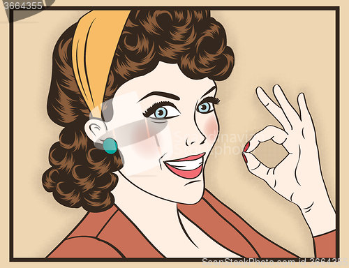 Image of pop art cute retro woman in comics style with OK sign