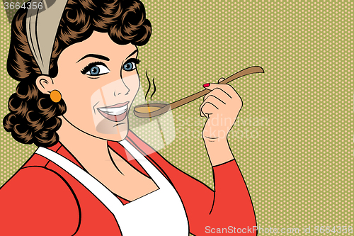 Image of pop art retro woman with apron tasting her food