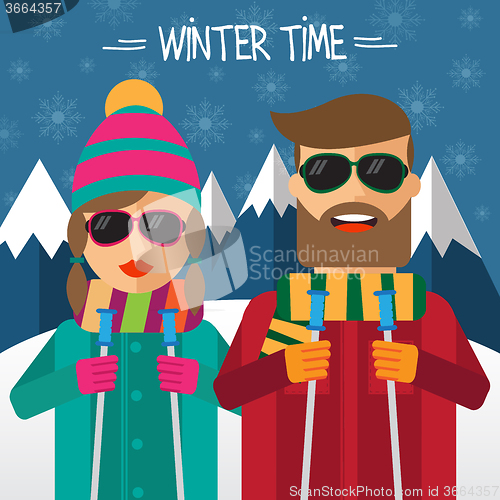 Image of Hipster couple skiesr in flat style