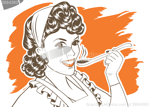 Image of pop art retro woman with apron tasting her food