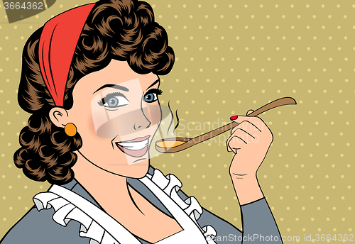 Image of pop art retro woman with apron tasting her food