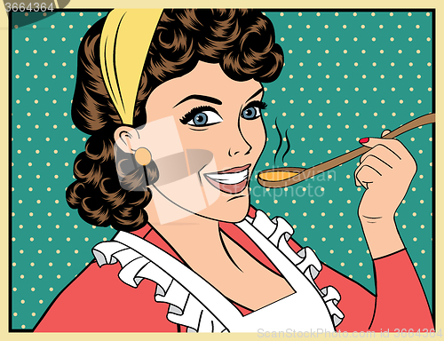 Image of pop art retro woman with apron tasting her food