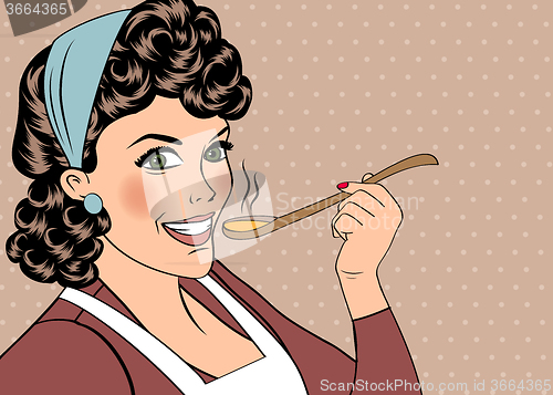 Image of pop art retro woman with apron tasting her food