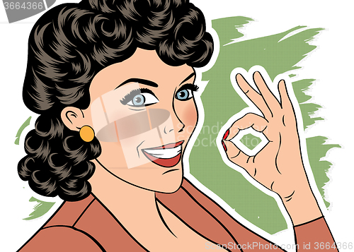 Image of pop art cute retro woman in comics style with OK sign