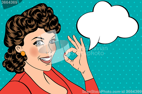 Image of pop art cute retro woman in comics style with OK sign