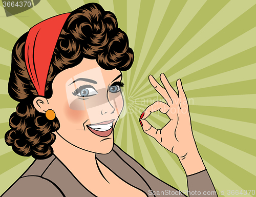 Image of pop art cute retro woman in comics style with OK sign