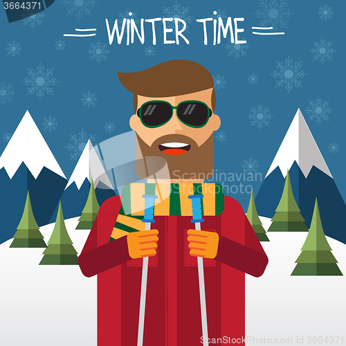 Image of Hipster skier in flat style