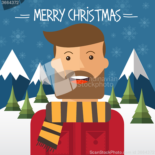 Image of Christmas card with hipster male in flat style