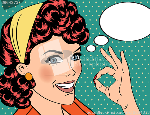 Image of pop art cute retro woman in comics style with OK sign