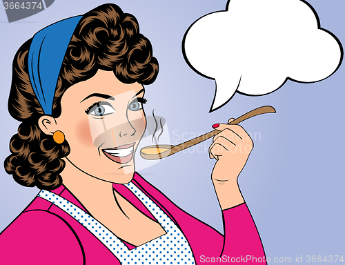 Image of pop art retro woman with apron tasting her food