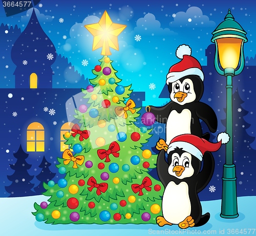 Image of Penguins near Christmas tree theme 3