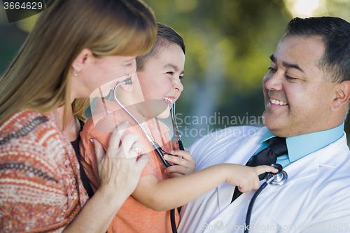 Image of Mixed Race Boy, Mother and Doctor Having Fun With Stethoscope