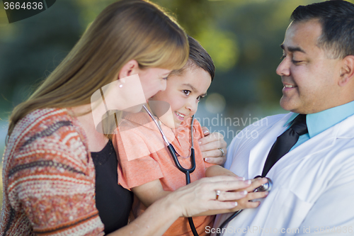 Image of Mixed Race Boy, Mother and Doctor Having Fun With Stethoscope