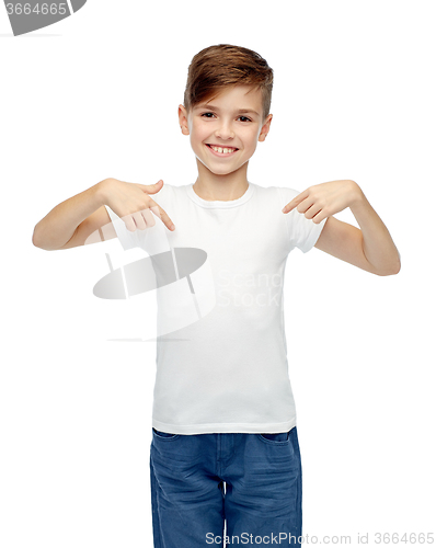Image of happy boy pointing finger to his white t-shirt