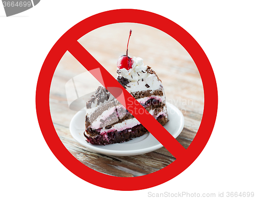 Image of piece of cherry chocolate cake behind no symbol