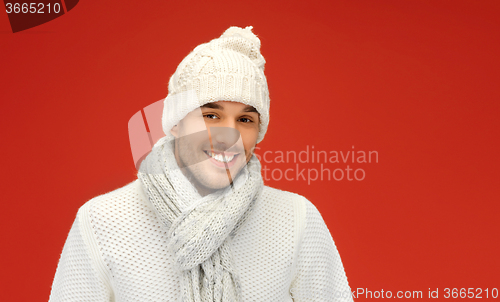 Image of handsome man in warm sweater, hat and scarf