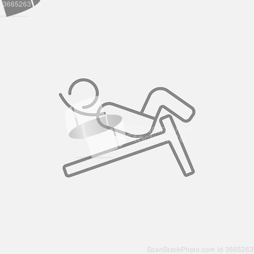 Image of Man doing crunches on incline bench line icon.