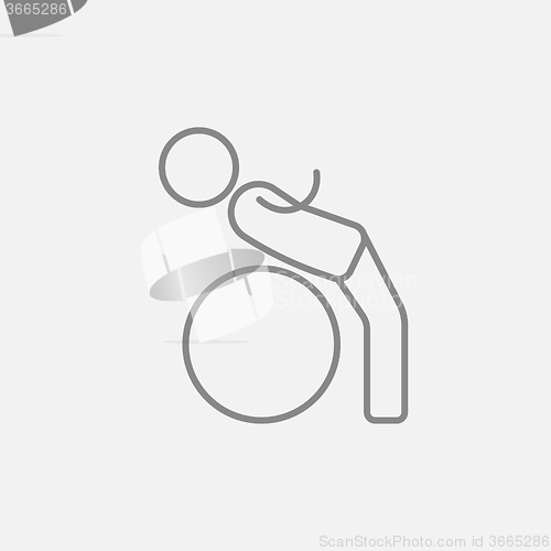 Image of Man doing exercises lying on gym ball line icon.