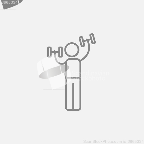 Image of Man exercising with dumbbells line icon.