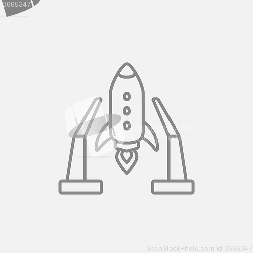 Image of Space shuttle on take-off area line icon.