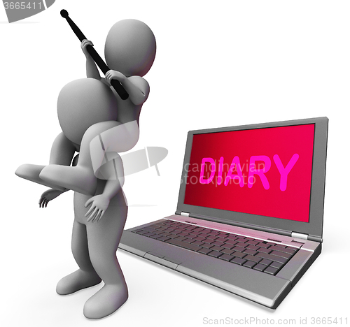 Image of Diary Laptop Characters Show Internet Appointment Or Schedules