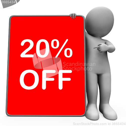 Image of Twenty Percent Off Tablet Character Means 20% Reduction Or Sale 