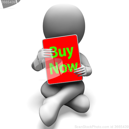 Image of Buy Now Character Tablet Showing Buying And Purchasing Immediate