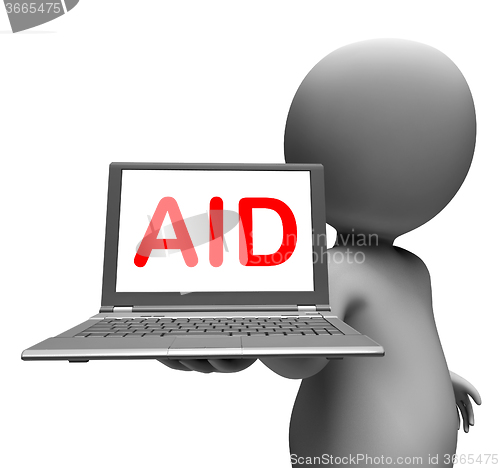 Image of Aid Character Laptop Shows Assistance Aiding Helping Or Relief