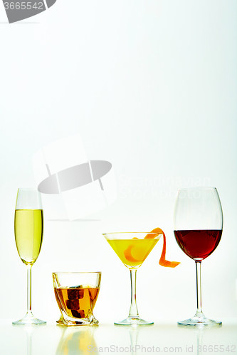 Image of set with different drinks on white background
