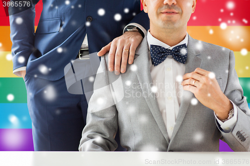 Image of close up of male gay couple with wedding rings on