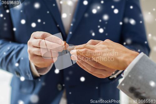 Image of close up of male gay couple hands and wedding ring