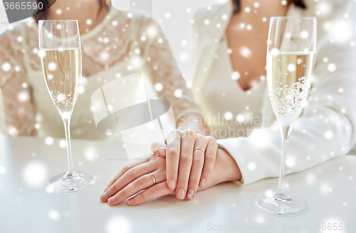 Image of close up of lesbian couple with champagne glasses