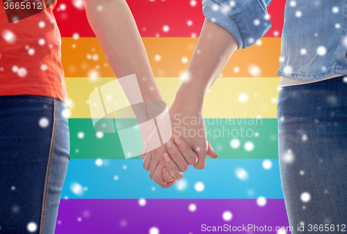 Image of close up of lesbian couple holding hands