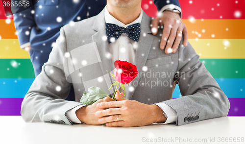 Image of close up of male gay couple with wedding rings on