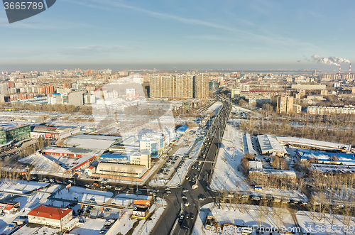 Image of Aerial view on Melnikayte street bridge. Tyumen