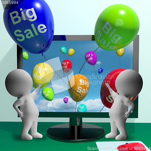 Image of Sale Balloons Coming From Computer Showing Promotion And Reducti