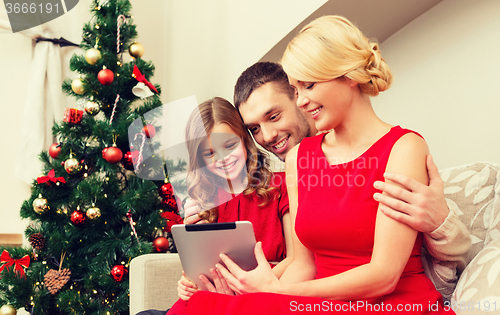 Image of smiling family with tablet pc