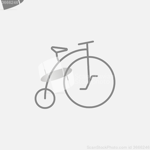 Image of Old bicycle with big wheel line icon.