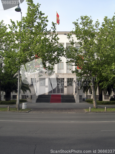Image of presidential palace with national flag Podgorica Montenegro