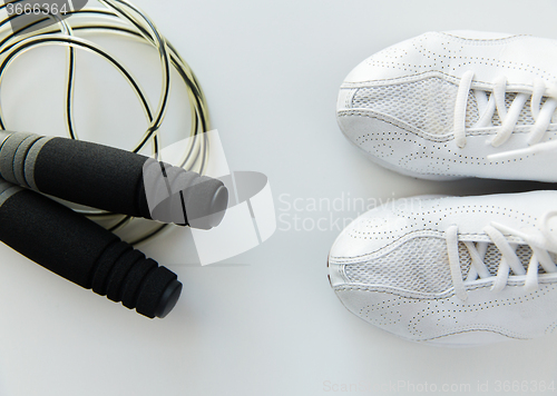 Image of close up of sneakers and skipping rope