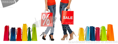 Image of close up of women with sale sign on shopping bag