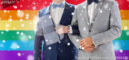 Image of close up of happy male gay couple holding hands