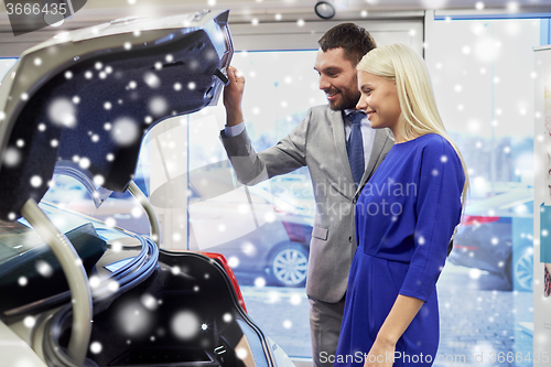 Image of happy couple with car dealer in auto show or salon