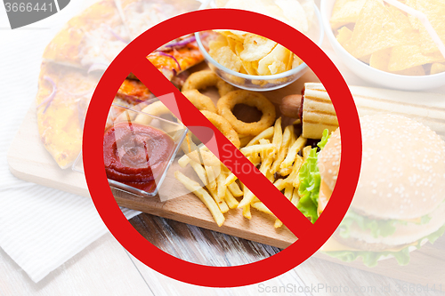 Image of close up of fast food snacks behind no symbol