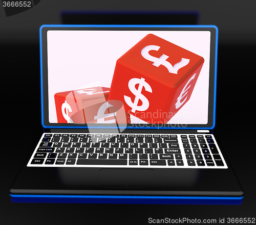 Image of Currencies Dices On Laptop Showing Global Finances