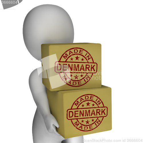 Image of Made In Denmark Stamp On Boxes Shows Danish Products