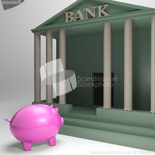 Image of Piggybank Entering Bank Shows Money Loan