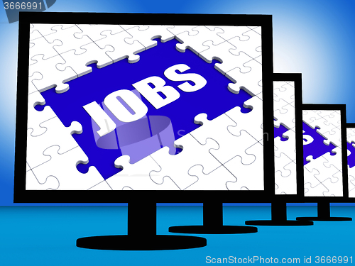 Image of Jobs On Monitors Shows Jobless Employment Or Hiring Online