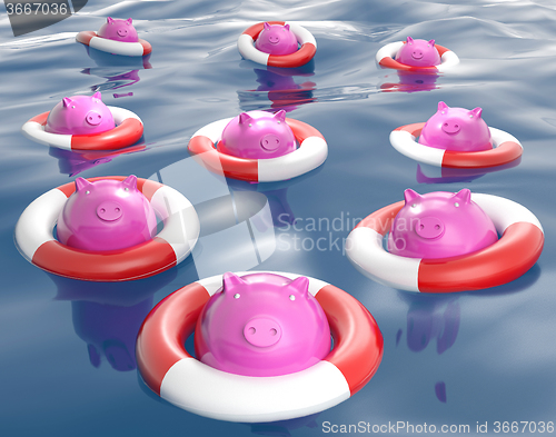 Image of Piggybanks On Lifesavers Showing Monetary Help