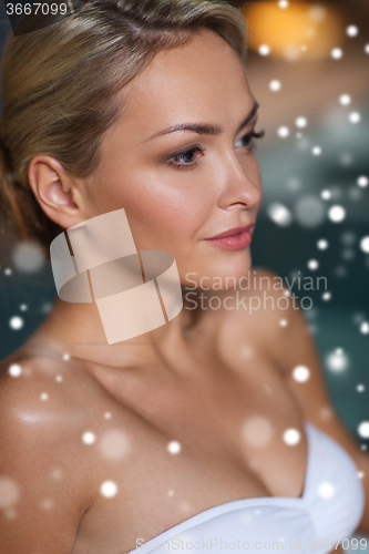 Image of close up of woman in swimsuit at swimming pool